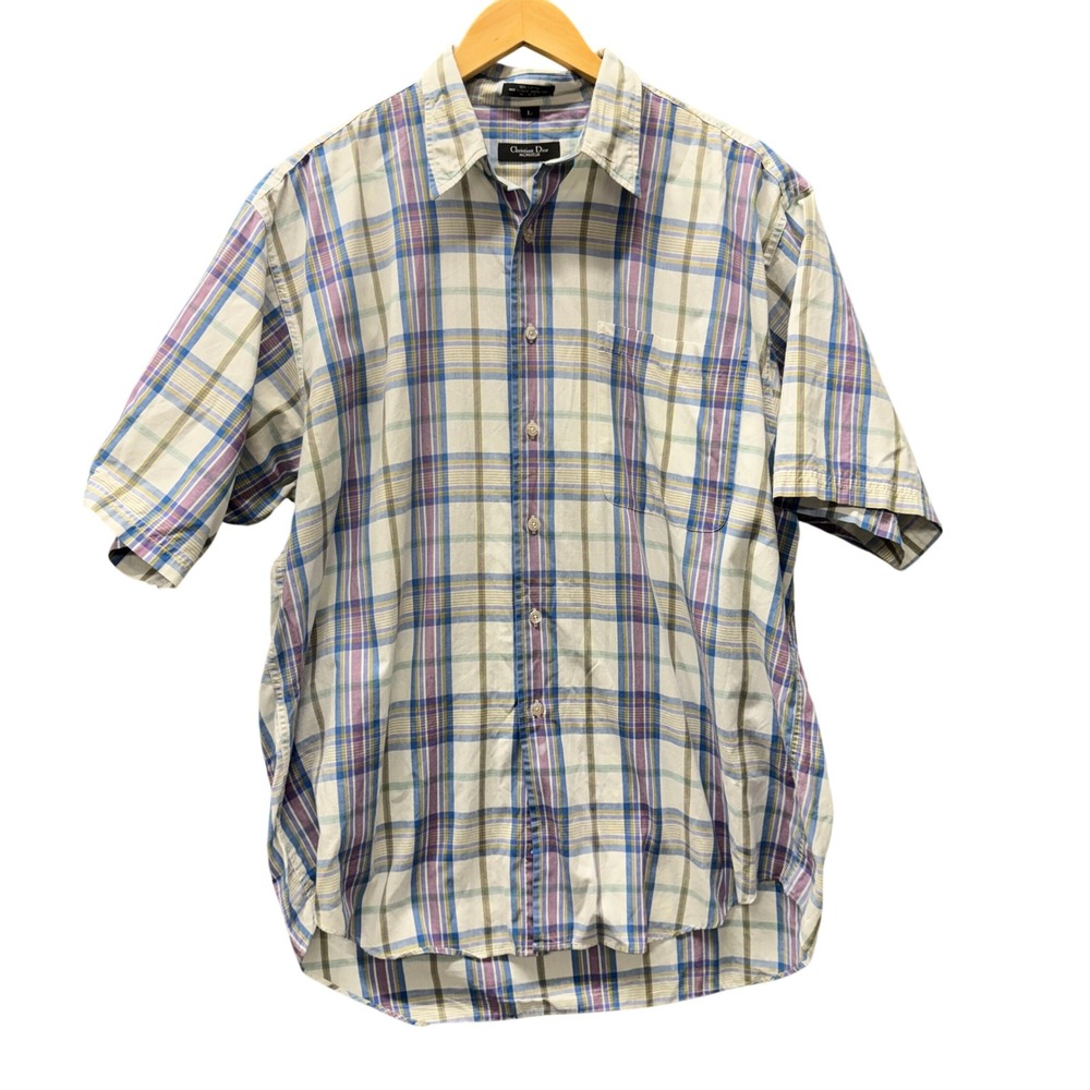 Christian Dior Button Up Shirt Mens Large Monsieur Plaid Blue Purple Vintage USA